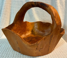 VINTAGE BURLWOOD FOLK ART TREE KNOT HAND CARVED BOWL BASKET W/ HANDLE 11.5 " x 9