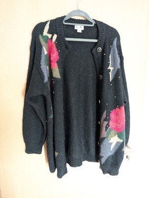 LAURA KENT Womens Longline Cardigan Sweater EU 44/46 Large Schwarz Floral CN05