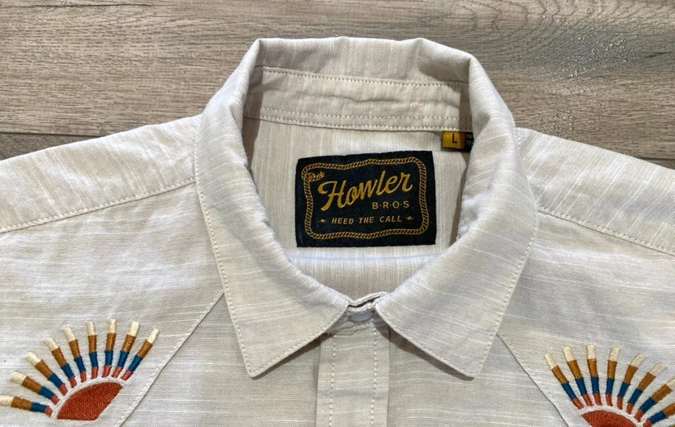 Howler Bros Mens L Beige Crosscut Deluxe Gaucho Western Aztec Pearl Snap Shirt - Image 3 of 4