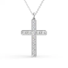 14K White Gold 5Ct Emerald Cut Lab Grown Diamond Cross Pendant