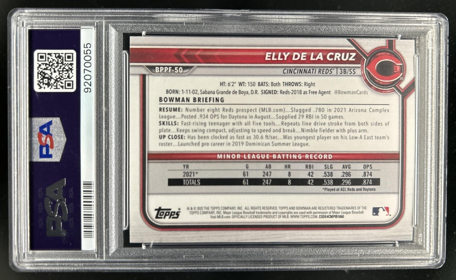 2022 Bowman 1st Prospect Edition Elly De La Cruz #BPPF-50 Reds PSA 10 GEM MINT view 2