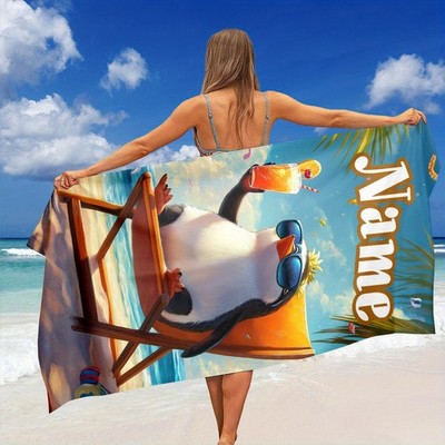 1pc ized Name/Text Beach Towel with Cute Penguin Design - Large Quick-Dry Micr