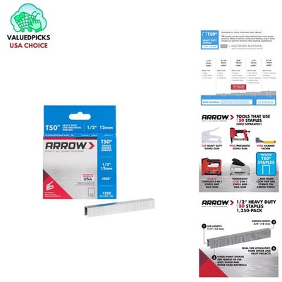 Arrow 508 Heavy-Duty T50 Staples 1/2'' Leg Length - 1250 Count Steel Fasteners