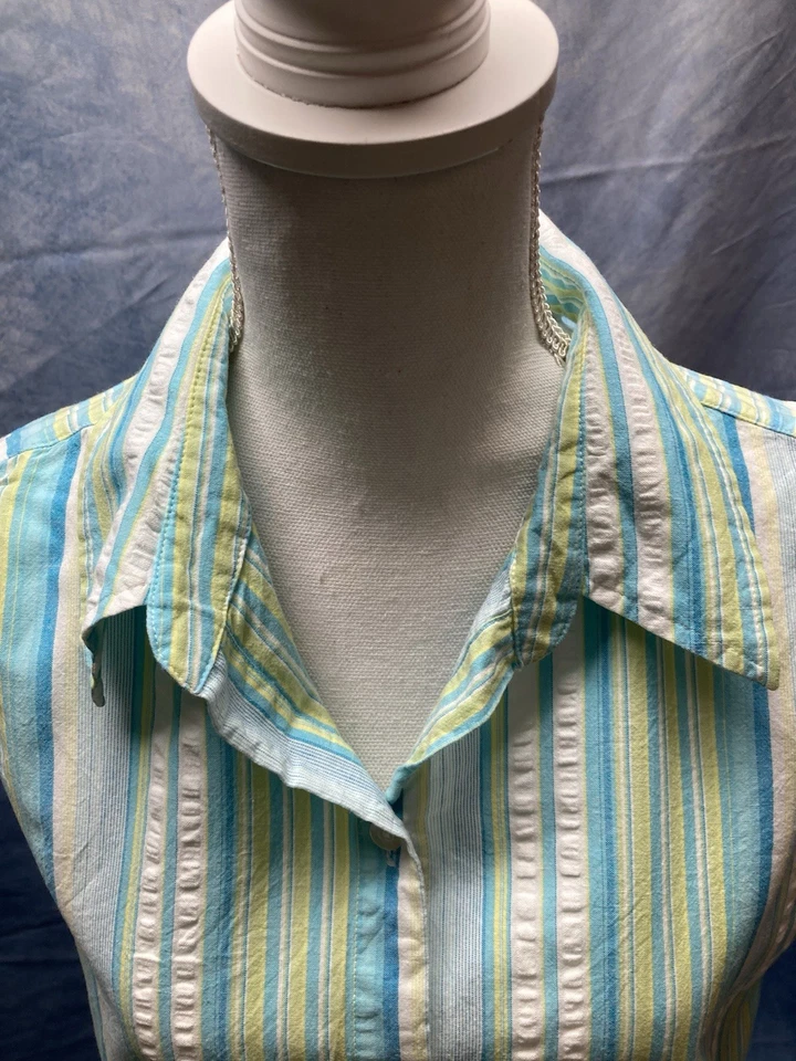 Vintage 1990s Women’s Striped Sleeveless Button Down Shirt First Issue Size L - Image 3 of 4