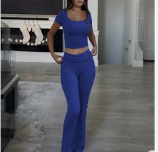 Two Piece Sets for Women Summer Outfits Lounge Sets Square Neck Size Large Blue