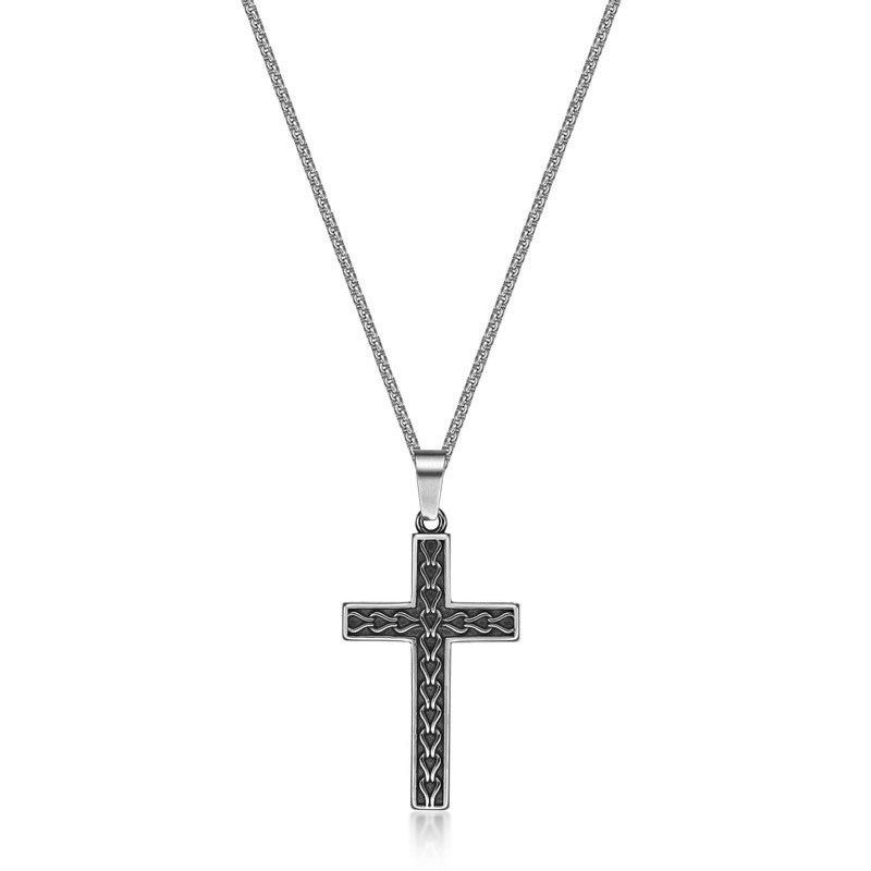 Stainless Steel Antique Finish Box Chain Link Pattern 24" Cross Pendant Necklace