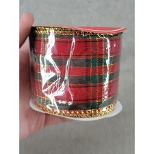 Christmas House Red Green Plaid Wired Edge Ribbon 2.5in x 9ft Gold Metallic Trim
