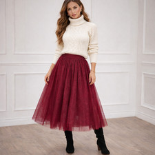 Women's Matilda Jane Red Gold Glitter Tulle Midi Length Lined Skirt  Size Small