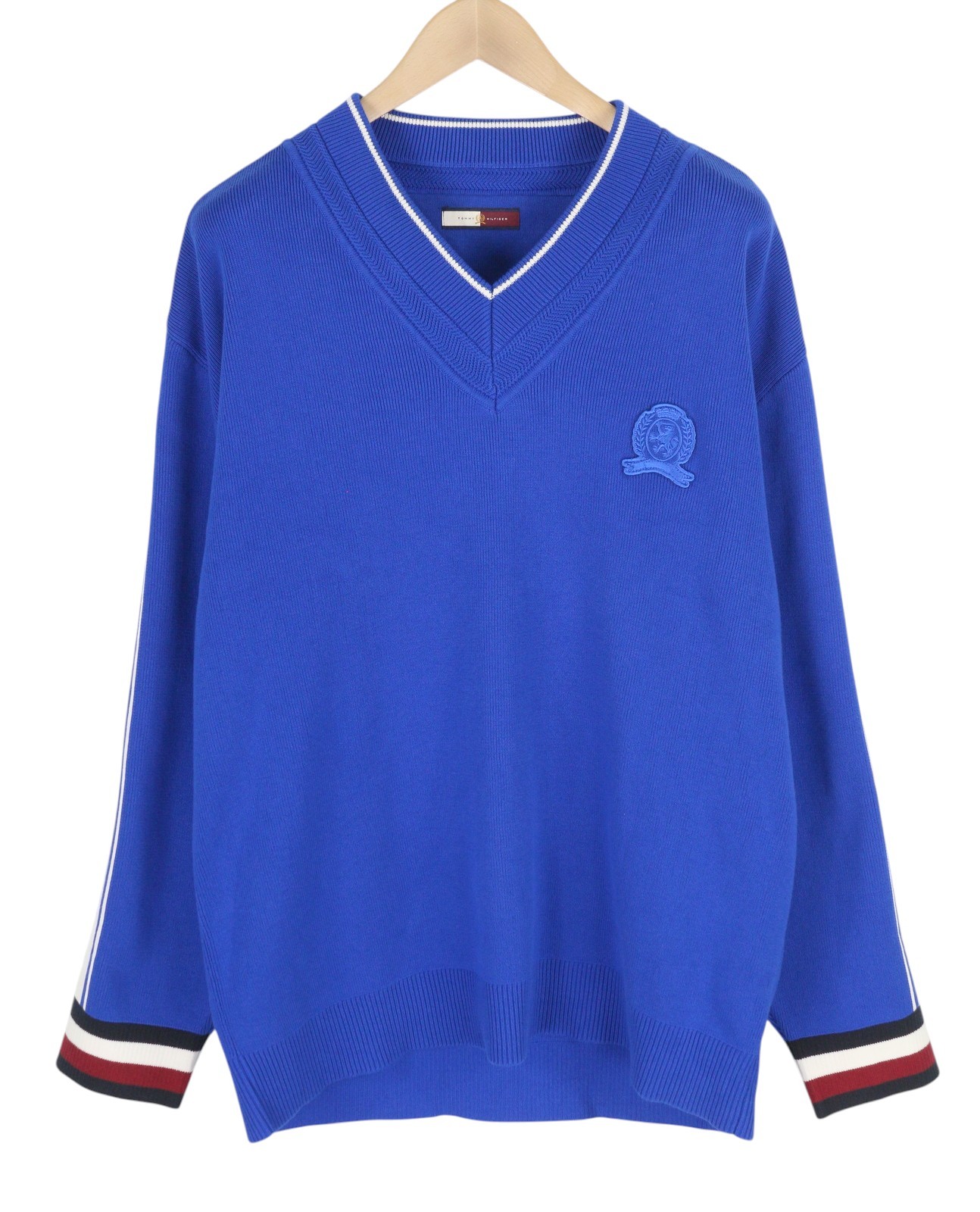 Tommy Hilfiger V-Neck Cricket Hombre Jersey M Azul Tight-Knit Parche Logo I