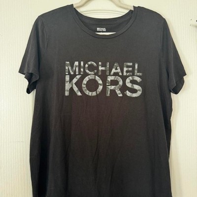 Michael Kors Womens Black Silver Metallic Logo Graphic T-Shirt Size L Large