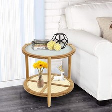 Modern Round Coffee Table Home Wooden End Side Table with Storage Open Shelf