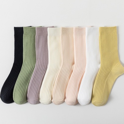 8 Pairs Women Solid Cotton Striped Mid Calf Socks Sports Stretch Elastic Socks - Picture 13 of 21