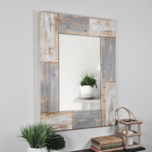 Shabby Chic Vanity Wall Mirror Grey Rustic Farmhouse Distressed Wood Plank Frame - Picture 2 of 12