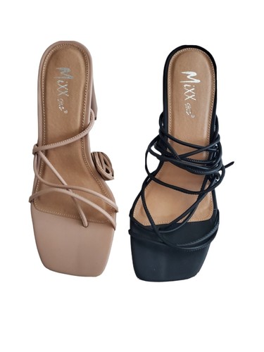 Mixx Shuz Zofi Women's High Heel Sandal Buff Natural Black Ankle Wrap Thong  - Afbeelding 1 van 12
