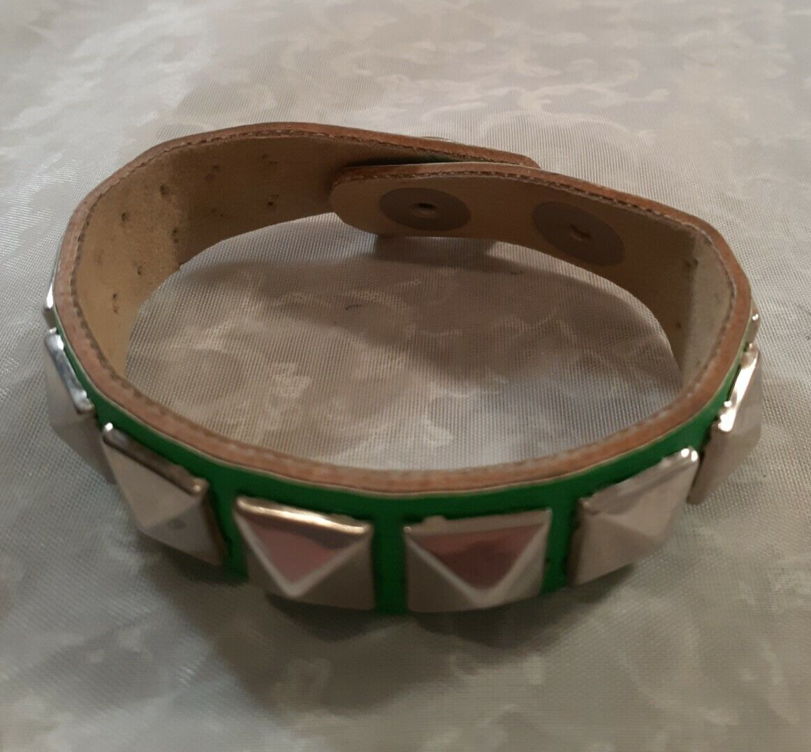 Lime Green Silver Tone Studded Vintage Bracelet with Adjustable 2-Snap Closure-image