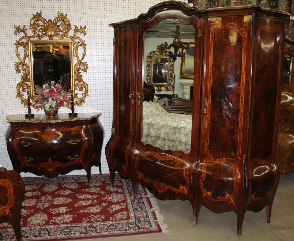 Антикварный инкрустированный французский бомбейский ореховый набор из 5 предметов для спальни двуспальная кровать C1880 - Изображение 2 из 4