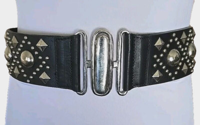 Bebe y2k silver tone Studded 2.5 inches Wide Black Leather Belt ELASTIC BACK M