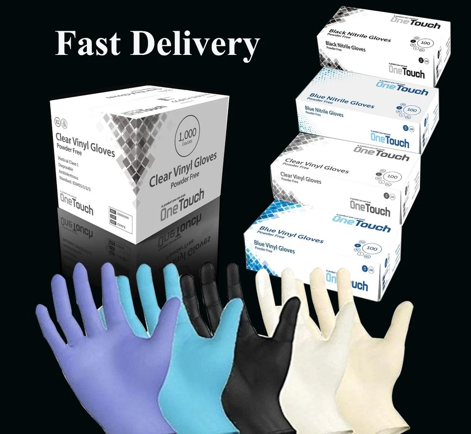 ONETOUCH Disposable Latex, Black Nitrile or Blue Vinyl Gloves Powder Free 100 Boxed