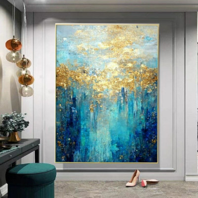 Abstrakte Blau Goldblatt Modern Leinwandbild Originalgemälde Handgemalt  malerei