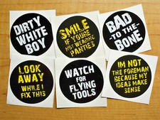 6-pack Funny Hard Hat Stickers | Dirty White Boy Smile Flying Tools Foreman Look