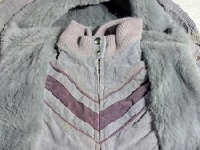 Vintage Mod Maid Coat 60s 70s Women's SMALL Gray Corduroy Purple Trim Hooded 