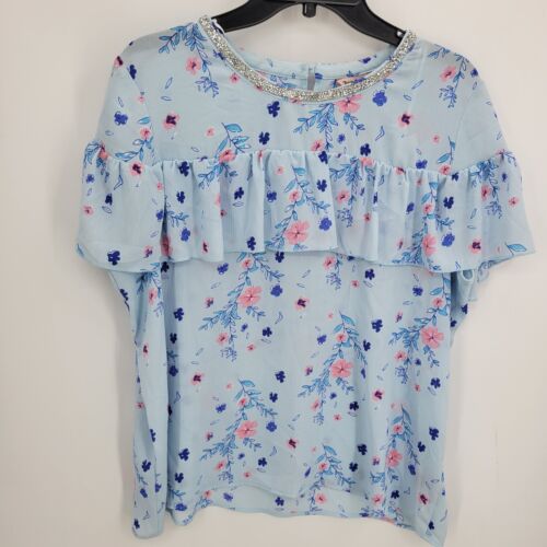 Juicy Couture Top Womens XL Blue Floral Rhinestone Neck Ruffled Y2K Boho Blouse