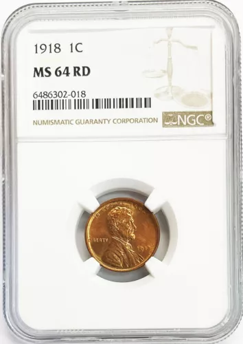 1918 US LINCOLN WHEAT CENT 1C COIN NGC MINT STATE 64 RED