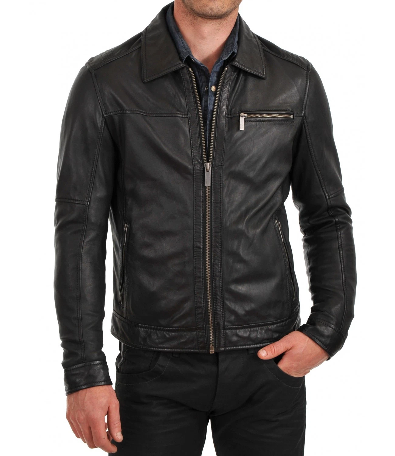 Men's Real Lambskin Jacket Genuine Leather Bomber Black Biker Motorcycle Jacket