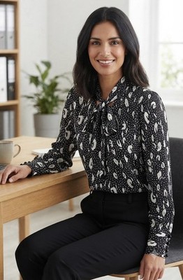 Cooper & Ella Black /white Abstract LS Tie Neck Blouse Size XL Career Office
