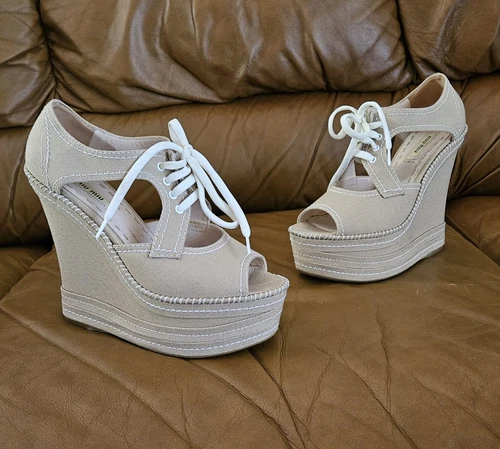 Sandali di lusso donna Miu Miu marrone con cuciture in tessuto di fascia alta zeppe taglia 7 US