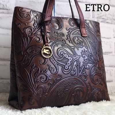 Etro Margot Tote Bag Pegaso Paisley Leather Metallic Women Used Authentic