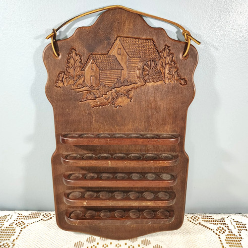 Vintage Wooden Thimble Display Shelf Rack Country Mill Scene