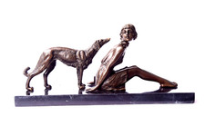 Bronzefigur M&ouml;dchen mit dem Hund Barsoi Windhund Girl Dog Borzoi