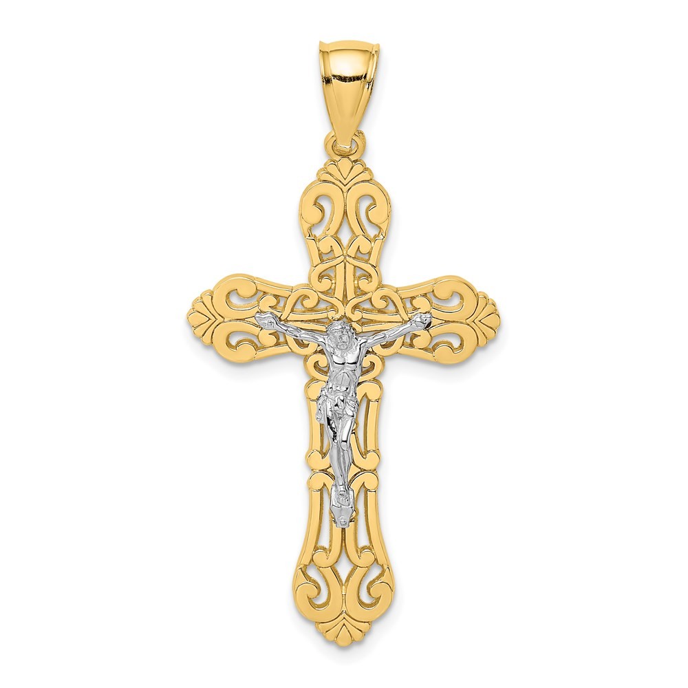 14K Two-tone Gold Crucifix with Scrolled Tips Charm Pendant L-1.7 Inch 2.82gm