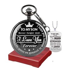 Udaney My-Son Pocket Watch - Engraved Gift for Him, C.Dark black with pendant