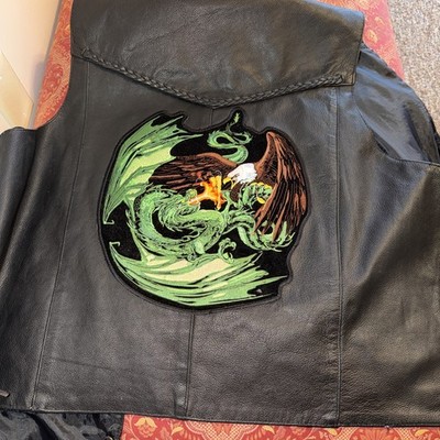 Vance Motorcycle Vest Black Laced Genuine Leather Sz52 EUC Eagle Vs Dragon