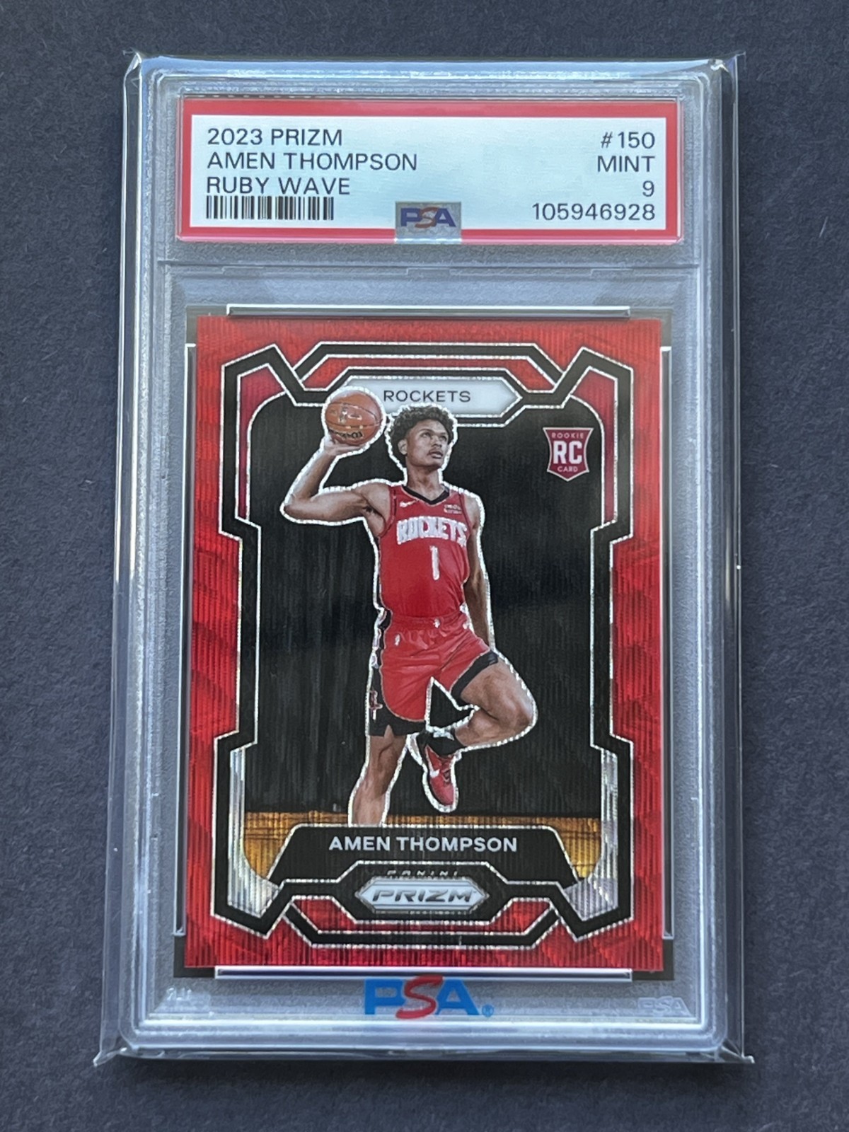 Amen Thompson 2023-24 Prizm Rookie Ruby Red Wave #150 PSA 9 RC Houston Rockets