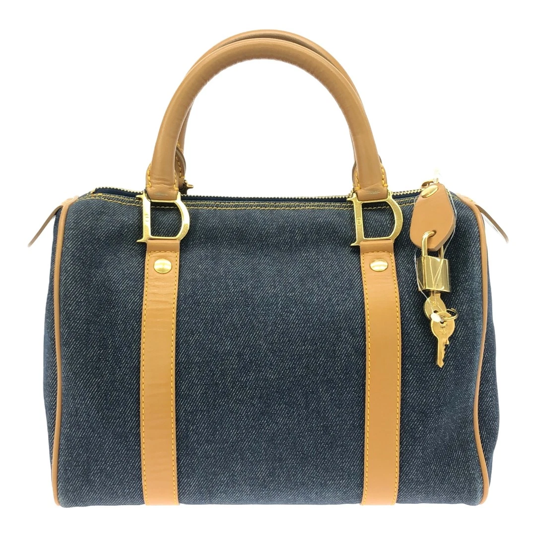 Dior Christian Mini sac Boston bleu beige coton cuir italien occasion NE51 0