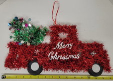 Red  Green Tinsel Pickup Truck  Christmas Tree Holiday Ornament 15" Wall Decor