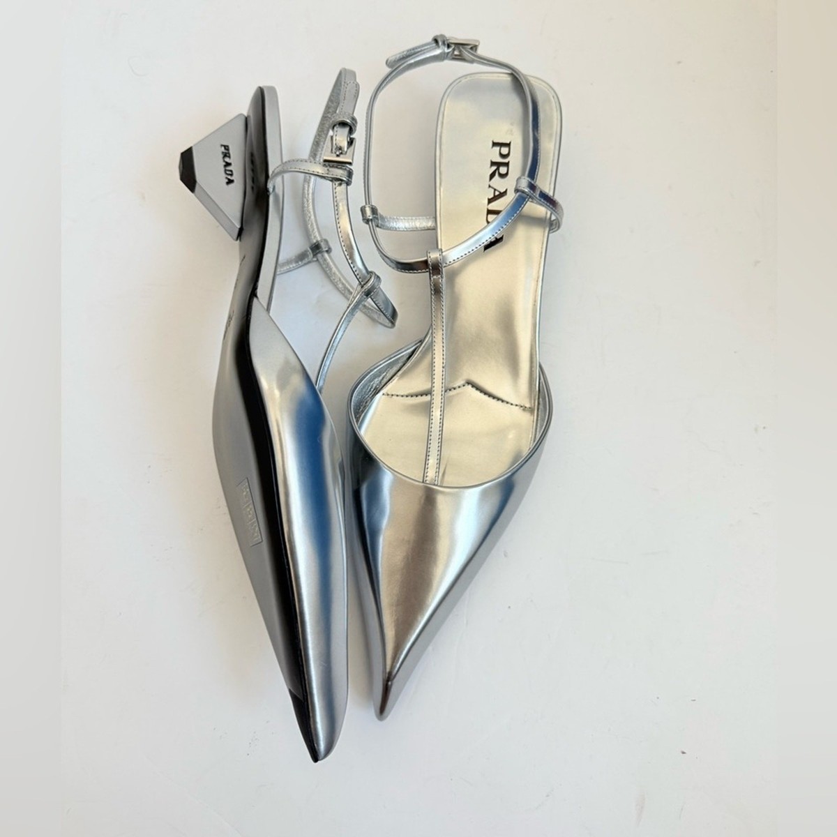 Prada Metallic Grey leather Modellerie Pointed Toe Kitten Heel