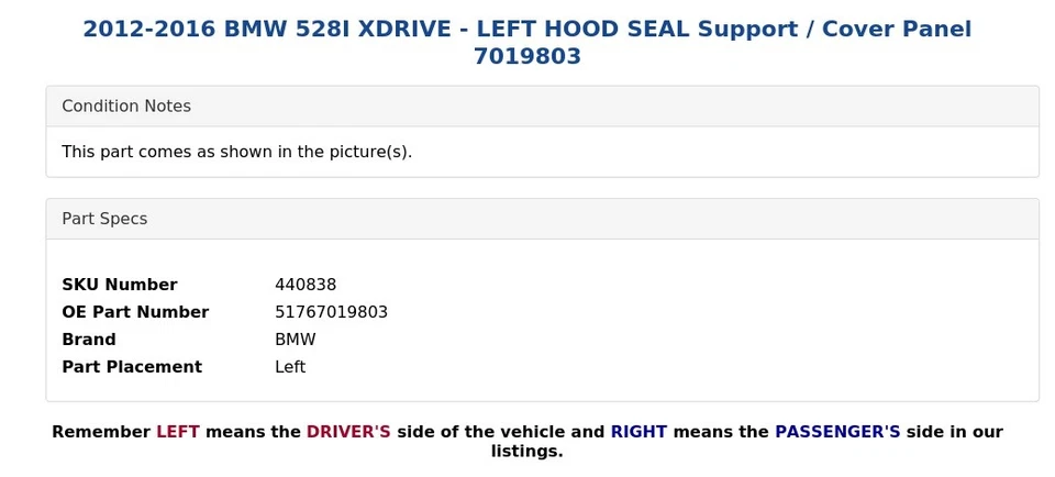 2012-2016 BMW 528I XDRIVE — УПЛОТНЕНИЕ ЛЕВОГО КАПОТА, поддержка/крышка панели 7019803 - Изображение 4 из 4