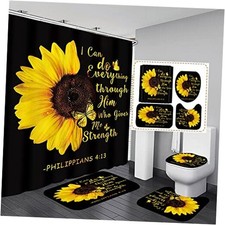 4pcs Sunflower Shower Curtain Set Inspirational Quotes Flower Bathroom Black