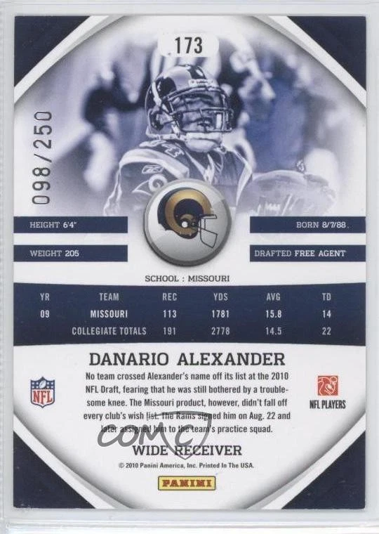 2010 Panini Gridiron Gear Silver X's /250 Danario Alexander #173 Rookie RC - Image 2 of 2