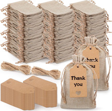 100 Pcs Burlap Gift Bags with Drawstring, 4X6 Inch Jute Favor Bags with Gift Tag