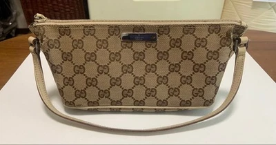 Rare sac à main GUCCI GG toile cuir accessoire pochette beige bordure du Japon - Photo 1/4