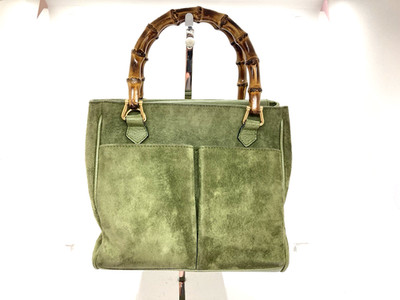 GUCCI 000 122 0316 Bamboo Handle Green Suede Leather Handbag Vintage Auth 32943