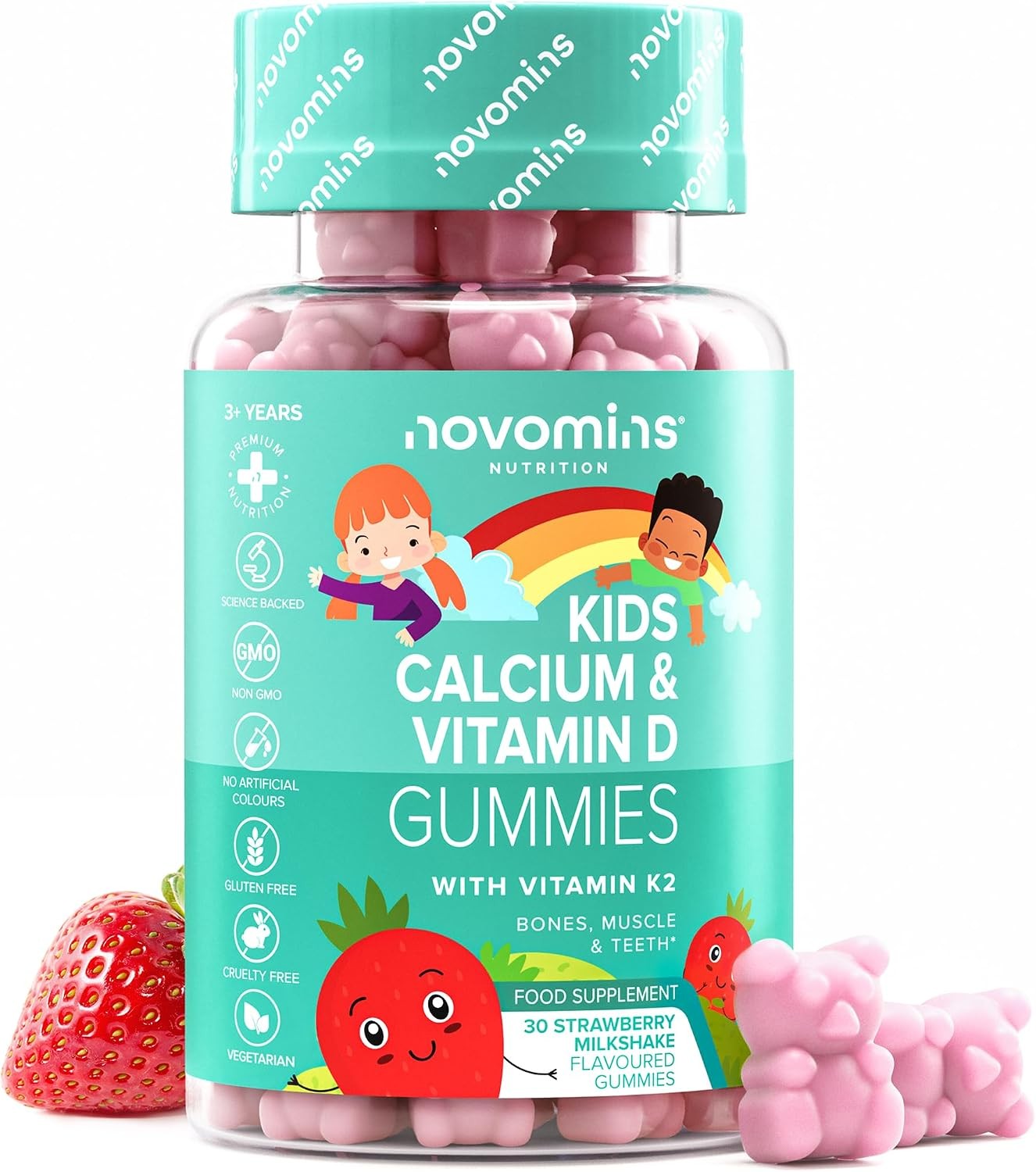 Kids Calcium Gummies 160mg with Vitamin D3 K2, 30 Strawberry Gummies,