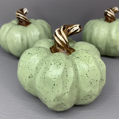 Set of 3 Martha Stewart Decorative Pumpkins Sage Green Gold Twisted Stem Fall 4''