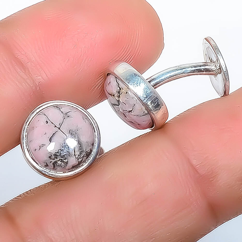 Black Manganese In Rhodonite Gemstone 925 Sterling Silver Bali Cufflink Men's T