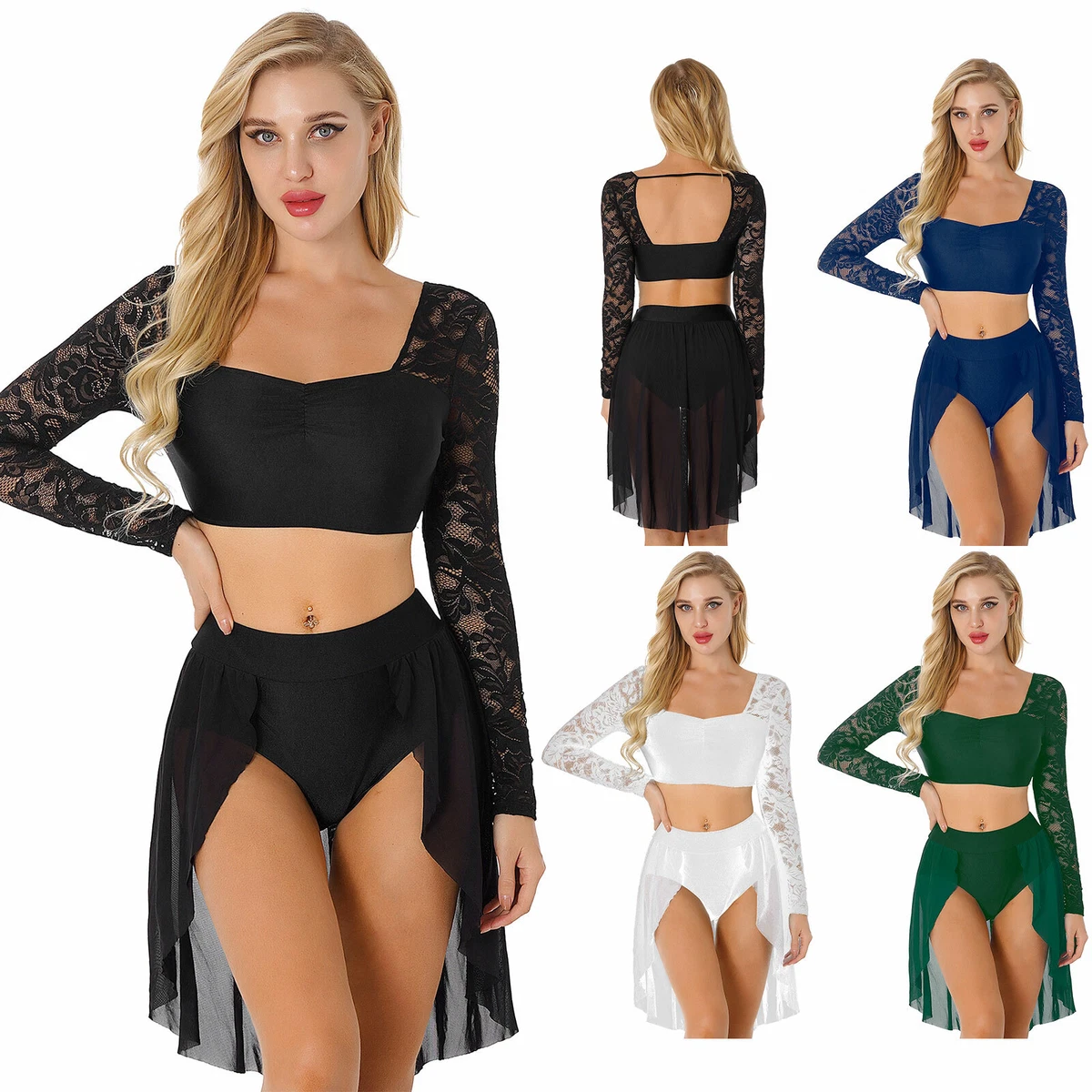 Women Two piece Lyrical Dance Costume Outfits Floral Lace Crop Top